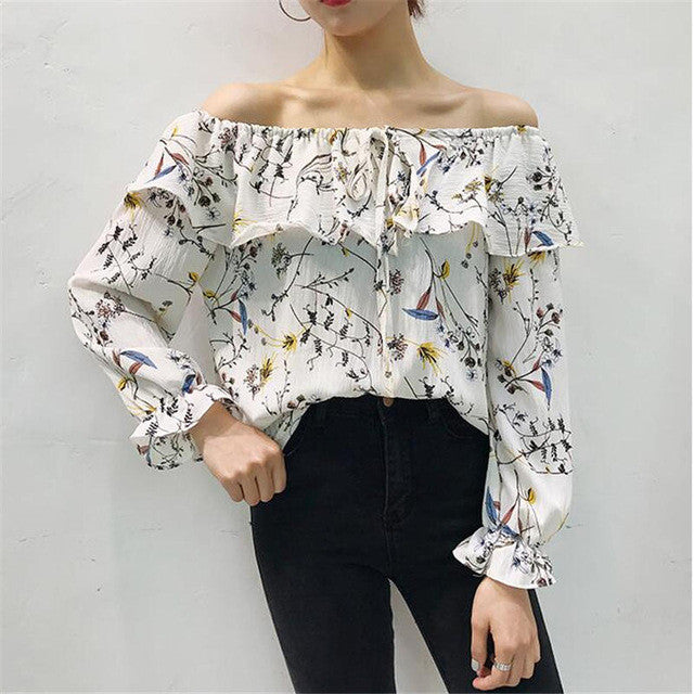 Slash Neck Floral Blouse Shirts for Women Summer  Butterfly Sleeves Chiffon Shirts Female Strapless Chic Tops 33056 GS