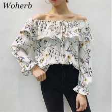Slash Neck Floral Blouse Shirts for Women Summer  Butterfly Sleeves Chiffon Shirts Female Strapless Chic Tops 33056 GS