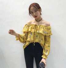 Slash Neck Floral Blouse Shirts for Women Summer  Butterfly Sleeves Chiffon Shirts Female Strapless Chic Tops 33056 GS