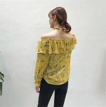 Slash Neck Floral Blouse Shirts for Women Summer  Butterfly Sleeves Chiffon Shirts Female Strapless Chic Tops 33056 GS