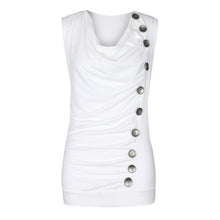 Sleeveless Button Womens T Shirt Pleated V Neck  Style T-Shirt Ladies Tee Tops Female Black/White/Grey camisetas mujer #63 GS