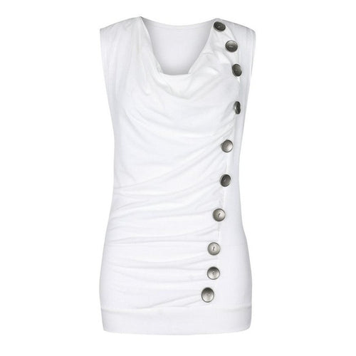 Sleeveless Button Womens T Shirt Pleated V Neck  Style T-Shirt Ladies Tee Tops Female Black/White/Grey camisetas mujer #63 GS