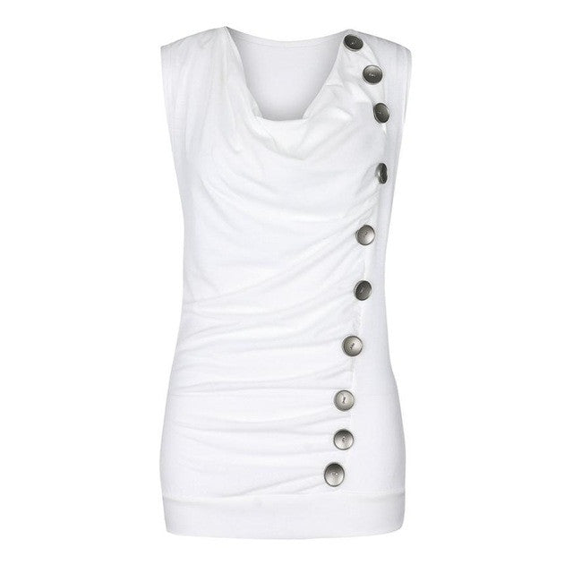 Sleeveless Button Womens T Shirt Pleated V Neck  Style T-Shirt Ladies Tee Tops Female Black/White/Grey camisetas mujer #63 GS