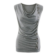 Sleeveless Button Womens T Shirt Pleated V Neck  Style T-Shirt Ladies Tee Tops Female Black/White/Grey camisetas mujer #63 GS