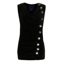 Sleeveless Button Womens T Shirt Pleated V Neck  Style T-Shirt Ladies Tee Tops Female Black/White/Grey camisetas mujer #63 GS
