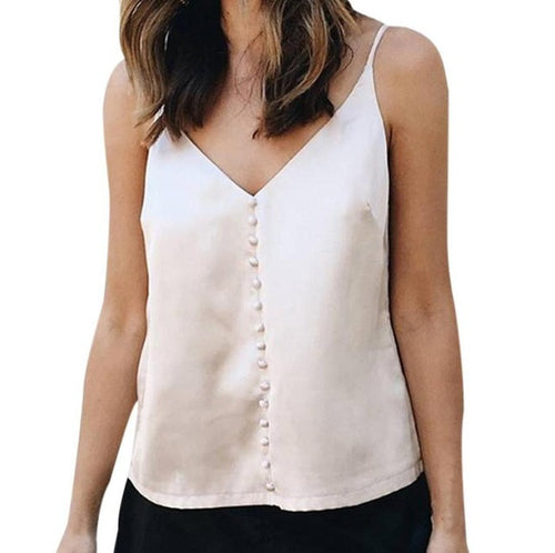 Sleeveless Tank Top Women   Sexy Satin V-Neck Backless Strappy Button Tank Tops #421 GS