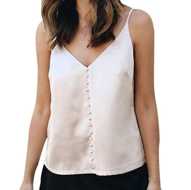Sleeveless Tank Top Women   Sexy Satin V-Neck Backless Strappy Button Tank Tops #421 GS