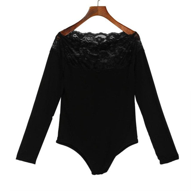 Sexy Lace Elegant Black Off Shoulder Bodysuit Women Long Sleeve Bodycon Slim Rompers Women Macacao Feminino #63 GS