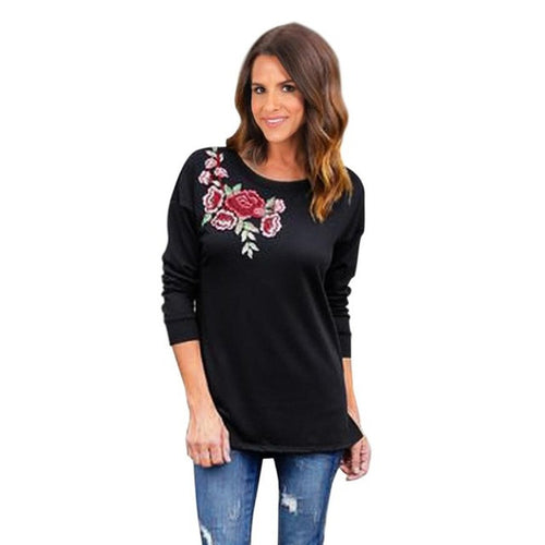 long sleeve tshirt women  O Neck Floral Print Casual Black t-shirt women Tops tee shirt femme #23 GS