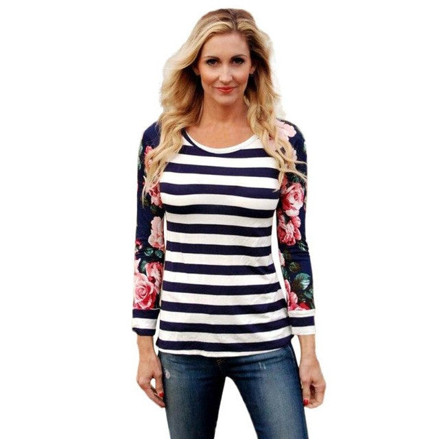 Long sleeve tshirt women  New Fashion Striped Patchwork T-Shirt Women O Neck Tees Top Female poleras mujer #33 GS