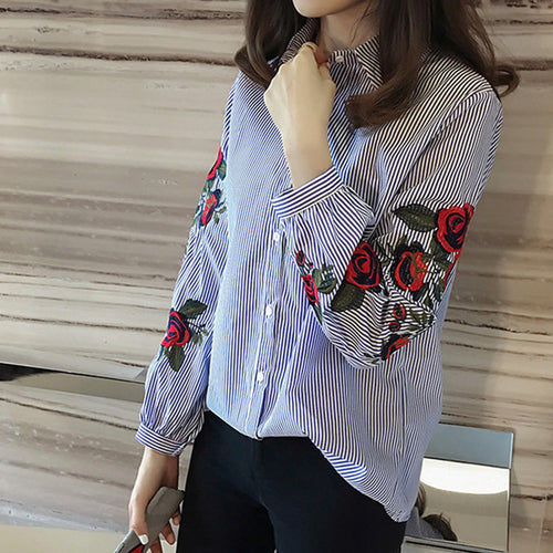 Striped Floral Embroidery Blouses New  Fashion Long Sleeve Blouse Korean Style Ladies Blusas Women Tops Plus Size 72660 GS
