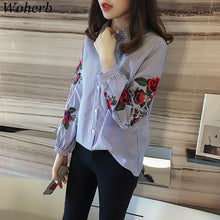 Striped Floral Embroidery Blouses New  Fashion Long Sleeve Blouse Korean Style Ladies Blusas Women Tops Plus Size 72660 GS