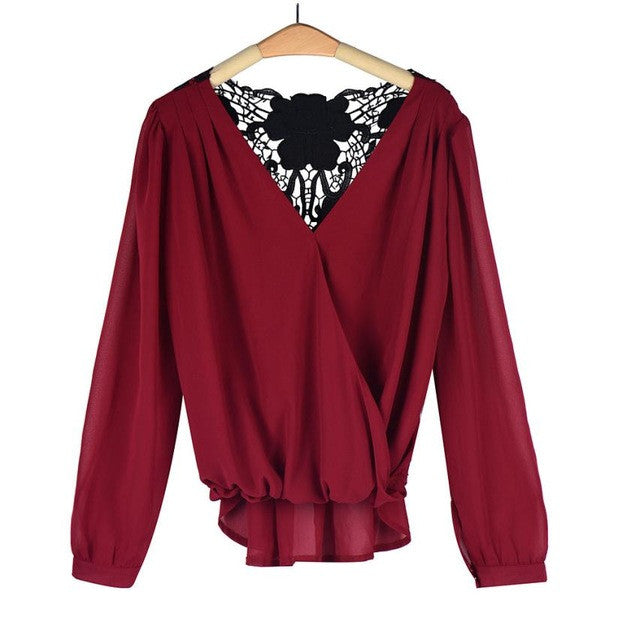 Women Tops Red Chiffon Blouse Back Lace Shirts Women O-neck Sexy Long Sleeve ladies tops blusas mujer vetement femme GS