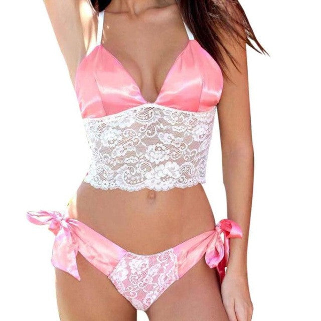 1PC Lace Crochet Women Ladies Crop Top +G-string Briefs Set Bandage Halter Neck Cropped Haut Sexy Femme Camisole #23 GS