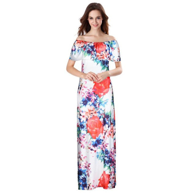 Fahsion Boho Beach Style Women Off Shoulder Sleeveless Floral Printed Ruffles Dress Strapless Elegant Long Dress #23 GS