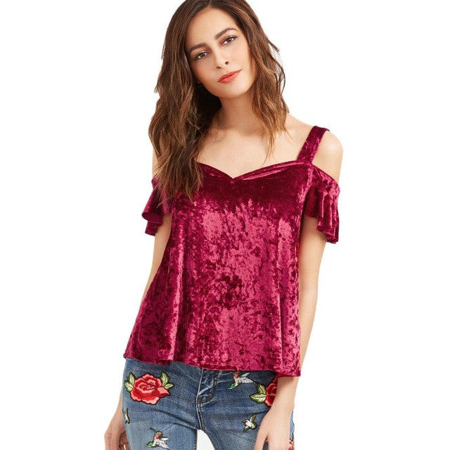 Fashion Women Strapless Casual Velvet Hot Pink Off Shoulder T-shirt Short Sleeve Velvet Tops Women Clothing #03 GS