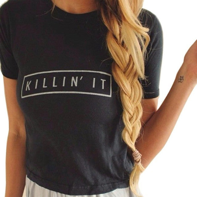 Hot Fashion harajuku Women O Neck Letter Print Short Sleeve Cotton t-Shirts Female Tops Black White ropa mujer #03 GS