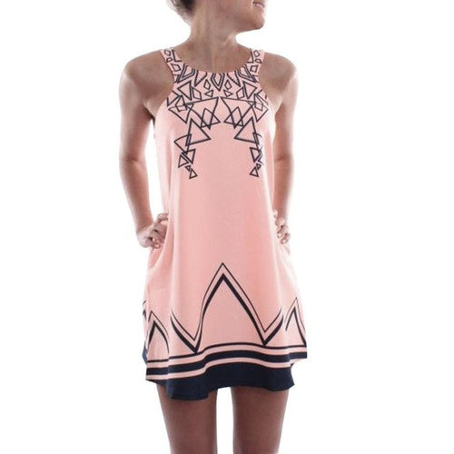 New Dresses Women Casual Loose Short Mini Dress Sleeveless O Neck Print Beach Dress Female vestidos &02 GS