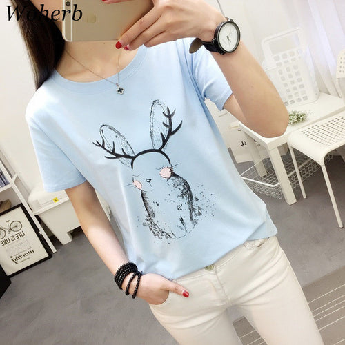 Summer  New Fashion Female T shirts Cute Cartoon rabbit Print Women t-shirt Brief Short Sleeve Woman tops Plus Size 72729 GS