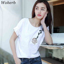 Summer  New Fashion Female T shirts Flower Embroidery Women t-shirt Brief Short Sleeve Woman Tops Plus Size Casual 72731 GS
