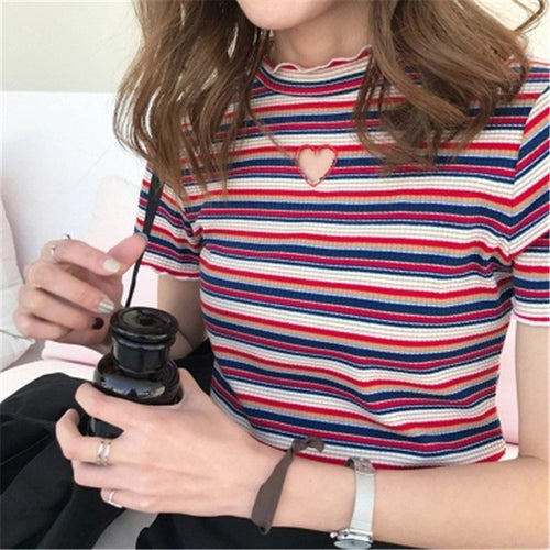 Summer  New Fashion Female T shirts Hollow Out Heart Striped Women t-shirt Cute Short Sleeve Woman tops Plus Size 72728 GS