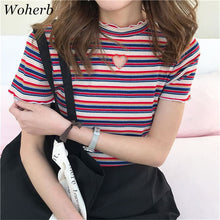 Summer  New Fashion Female T shirts Hollow Out Heart Striped Women t-shirt Cute Short Sleeve Woman tops Plus Size 72728 GS