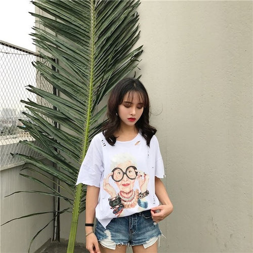Summer  New T shirts Fashion Cartoon Old Ladies Print Hole Women t-shirt Short Sleeve Woman Tops Plus Size Casual 72732 GS