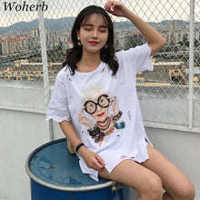 Summer  New T shirts Fashion Cartoon Old Ladies Print Hole Women t-shirt Short Sleeve Woman Tops Plus Size Casual 72732 GS