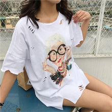 Summer  New T shirts Fashion Cartoon Old Ladies Print Hole Women t-shirt Short Sleeve Woman Tops Plus Size Casual 72732 GS