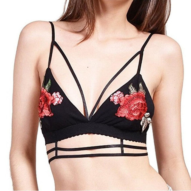New Women Floral Embroidery Short Tank Top Women Triangle Bralette Bra Embroidered Crop Tops Female Camisole #33 GS