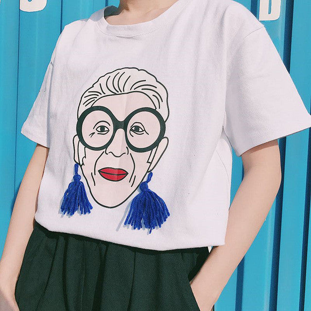 Summer  New Women T shirts Female Tassel Cool Character Print t-shirt Short Sleeve Casual Woman Plus Size tops 72509 GS
