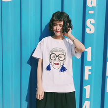 Summer  New Women T shirts Female Tassel Cool Character Print t-shirt Short Sleeve Casual Woman Plus Size tops 72509 GS