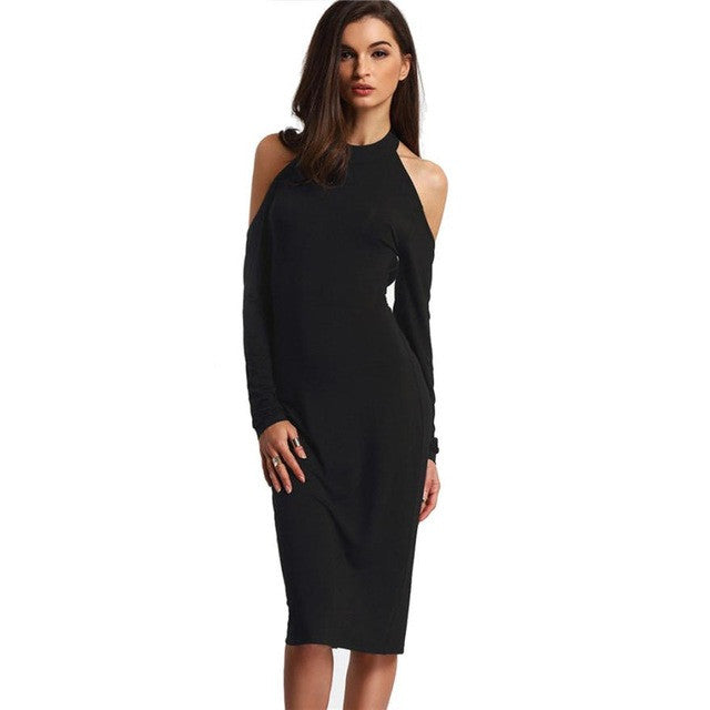 Sexy Women Dress Backless Bodycon Pencil Mid Dress Open Shoulder Long Sleeve Bow Halter Ladies Dresses Black #63 GS