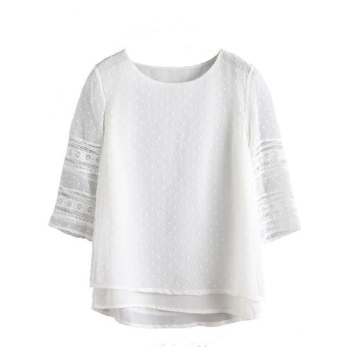 Shirts Women Blouses White Cotton Lace O Neck Three Quarter Sleeve BlouseTops Women Clothing Camisa Mujer #63 GS
