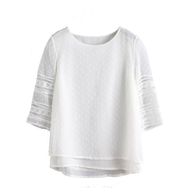 Shirts Women Blouses White Cotton Lace O Neck Three Quarter Sleeve BlouseTops Women Clothing Camisa Mujer #63 GS