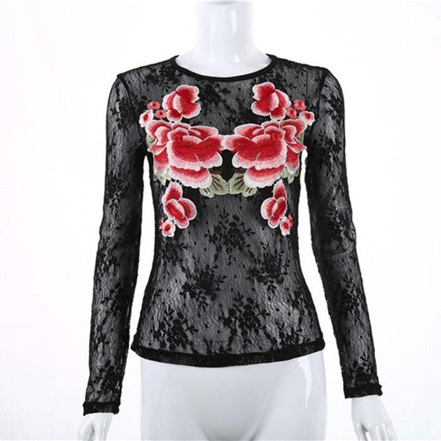 Women Fashion Long Sleeve Embroidered Floral Sexy Perspective Transparent Sexy Tops Ladies Women Blouses #63 GS