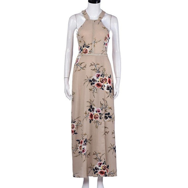 Women Floral Chiffon Dresses Sleeveless Backless Boho Style Long Maxi Evening Party Beach Dress Ladies vestidos #63 GS