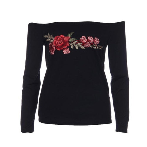 Women T Shirt Embroidery Floral Long Sleeve Slash Neck T-Shirt Tops Female Camisetas Mujer Verano #23 GS