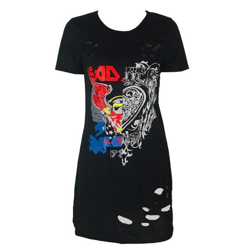 Women Vintage Rock Style Short Sleeve T-Shirt Mini Dress Casual Hollow Print O Neck Womens Dresses Robe Femme #63 GS