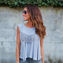 t-shirts Womens  Fashion Chiffon Tassels O-Neck Sleeveless Tee Tops Women T Shirt camisetas mujer verano #421 GS