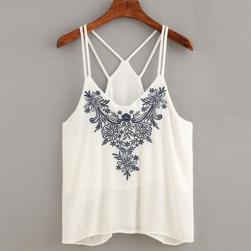 women top sleeveless Tank Tops Flower Embroidered Cotton Blend Strappy White Cami Tops Female cropped #25 GS