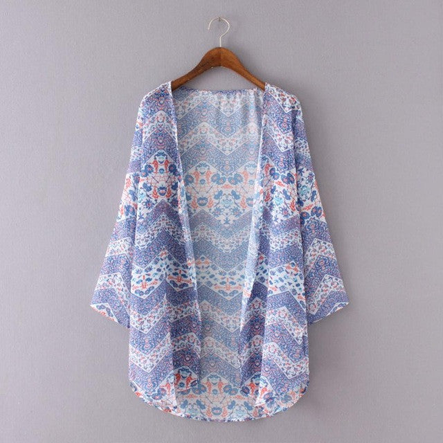 Blouses  Women Vintage Print Boho Kimono Cardigan Chiffon Out Beachwear Casual Loose Women Tops Blouse SY GS