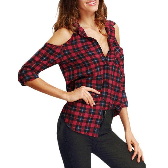 Long Sleeve Casual Plaid Shirt Women Open Shoulder Blouses Womans Shirts Tops Lapel flannel Red Blouse  GS