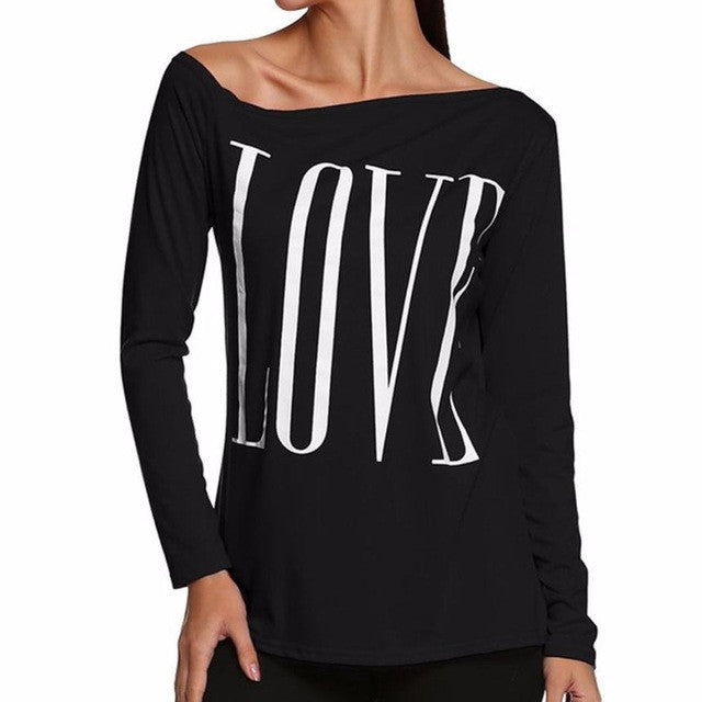 T-shirts Women Casual Tops LOVE Letters Print Off Shoulder Long Sleeve Black White Tee Shirt Femme Tees Tops #1207 GS