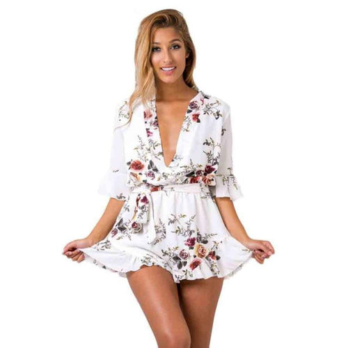 Beach Playsuits Rompers Women  Fashion Short Jumpsuit Ladies Casual Deep V Neck Half Sleeve combinaison femme #63 GS