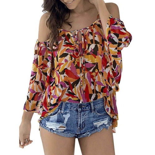 Blouses  Women Fashion Print Leaf Tops Women Girls Off Shoulder Chiffon Shirt Women Casual Loose Beach Blouses #23 GS