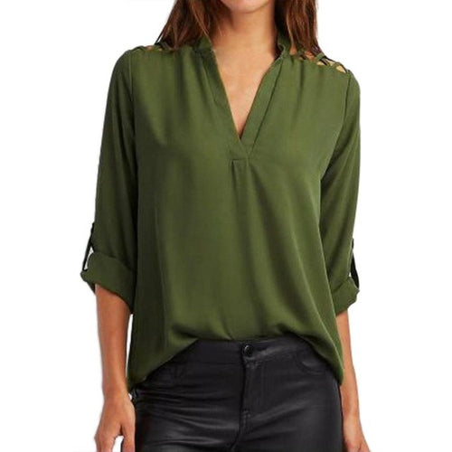 Blouses Women Chiffon Tops  Solid Tab-Sleeve Hollow Out BlouseShirt Tops Ladies camisetas mujer #03 GS
