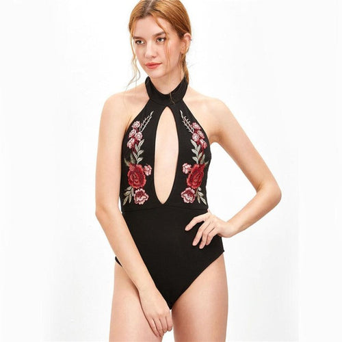 Bodysuits Women  Appliques Rose Floral Bodysuit Short Jumpsuit And Rompers Halter Neck Tops combinaison femme #63 GS