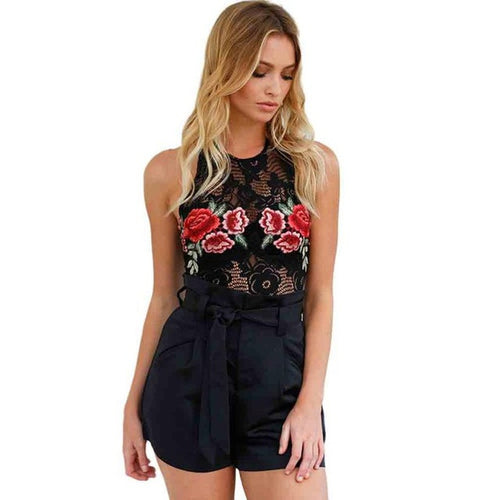 Bodysuits Women Clubwear Embroidered Floral Black Backless Halter Bodycon Sexy Bodysuit Short Jumpsuit Women #63 GS
