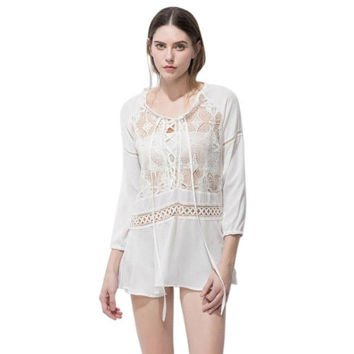 Chiffon Hollow Out Blouses Women Long Sleeve Lacing Up Sexy Lace Blouse Beach Tops Ladies Camisas femininas  #63 GS